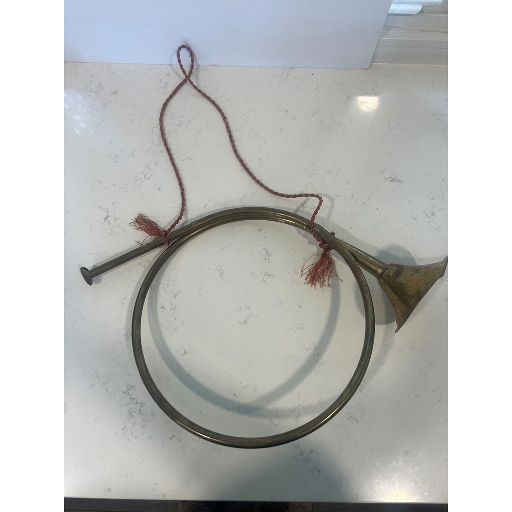Vintage Brass Hunting Horn Decorative Bugle with Red Tassel Cord 12 Inch
